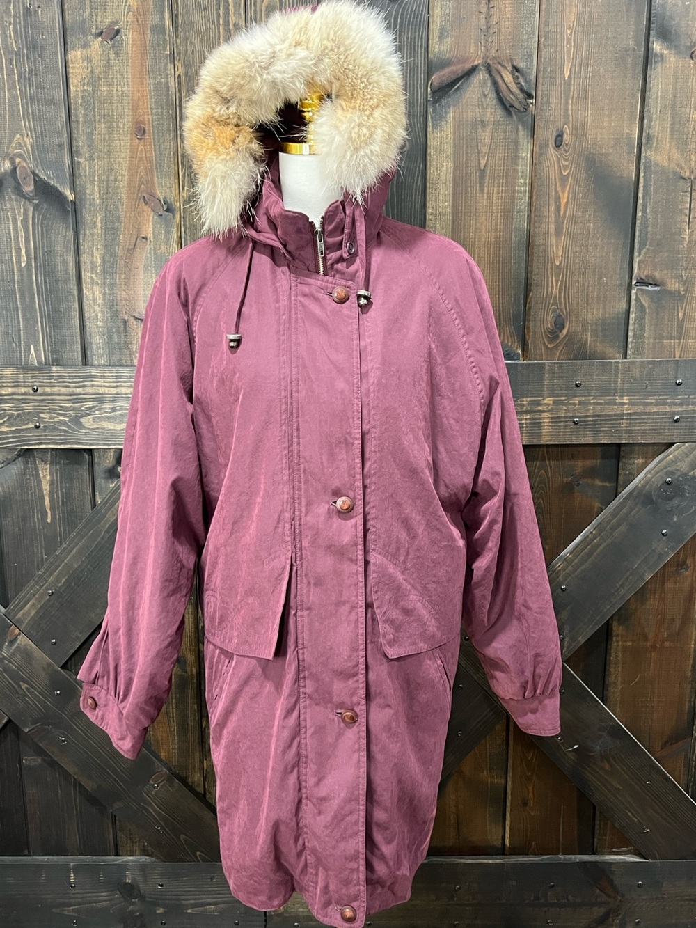 London Fog Plum Fur Trim Towne Hooded Parka Coat XL Purple Lined Outdoor Utility